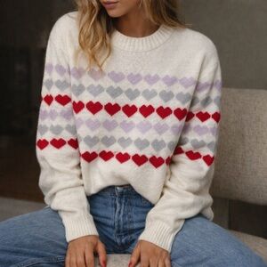Cozy Heart Pattern Sweater - Cream, Red, Gray